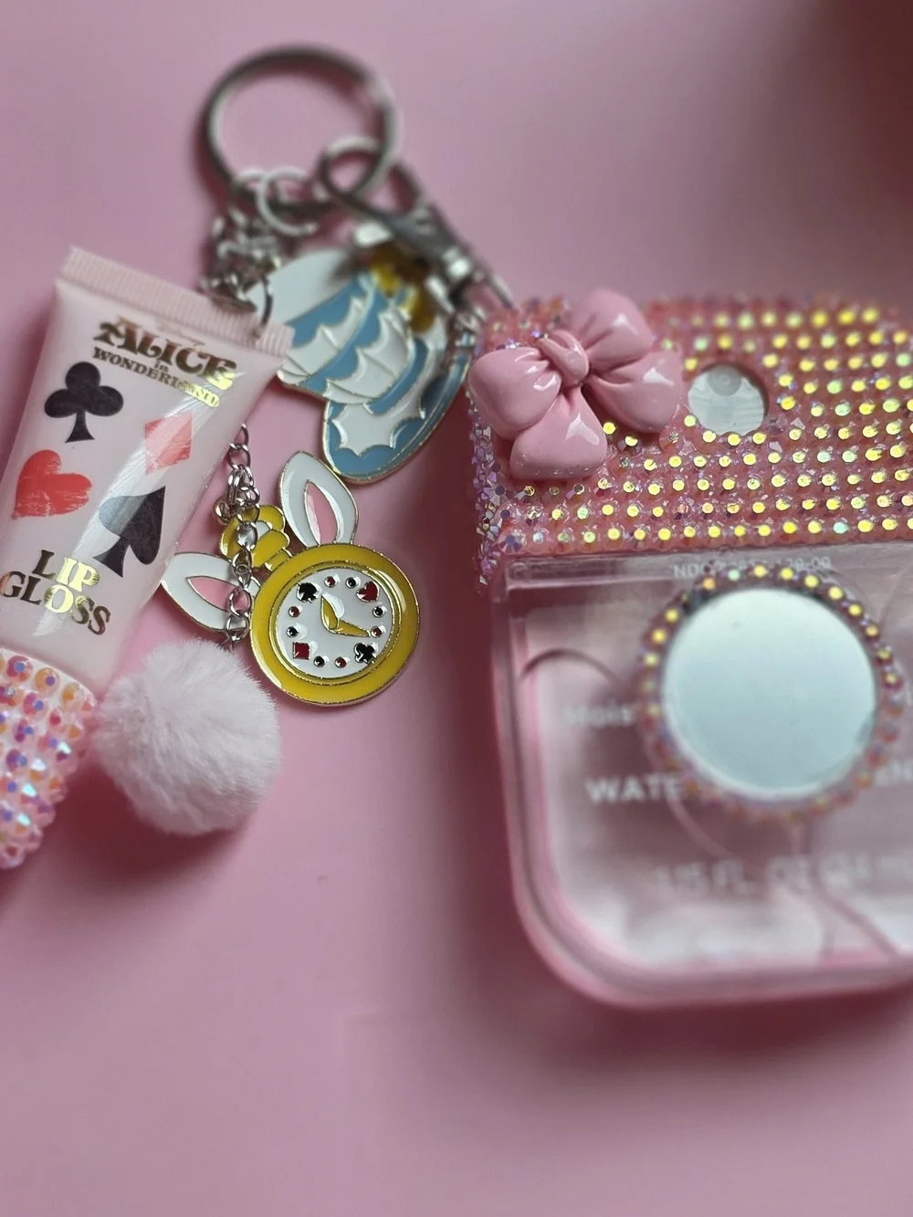 Cute Alice Abs Wonderland Pink Keychain Charm Set with Lip Gloss & Mirror